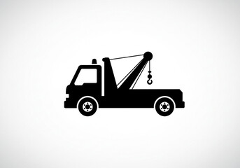 A black silhouette of a tow truck with a hook and a light on top isolated on a white background