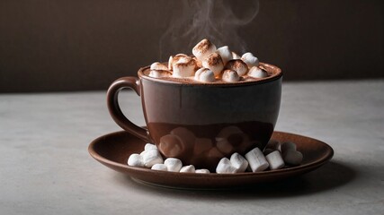 Steaming Hot Chocolate with Marshmallows in a Brown Mug on a White Background