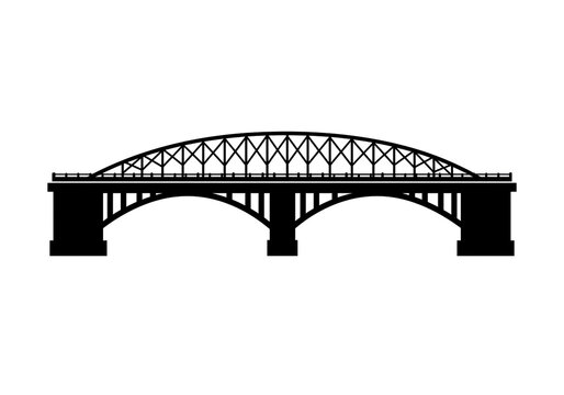 A silhouette of a bridge with three arches and a truss structure against a white background plain design