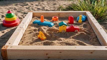 Colorful Wooden Toy Blocks Arranged in a Sandbox for Children’s Playtime