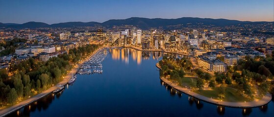 Dazzling Oslo cityscape mirroring in fjord water at dusk