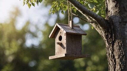 Rustic Wooden Birdhouse Hanging from a Tree Branch in a Natural Outdoor Setting