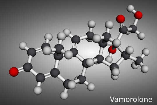 Vamorolone corticosteroid molecule. Synthetic steroid drug used to treat Duchenne muscular dystrophy. Molecular model. 3D rendering