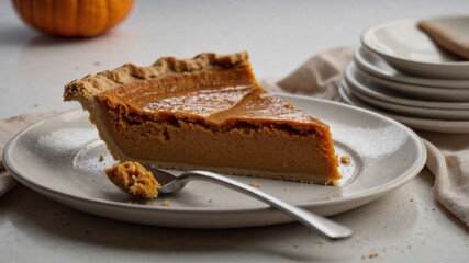 Delicious Pumpkin Pie Slice on a Plate with a Fork on a White Background