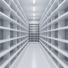 Obraz premium A high-resolution image of empty white metal shelves in a clean, minimalistic retail or medical storage space.