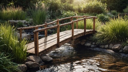 Scenic Wooden Bridge Over a Tranquil Stream Surrounded by Lush Green Landscape