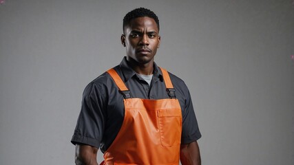 Worker in Orange Overalls Standing in a Professional Setting on a White Background