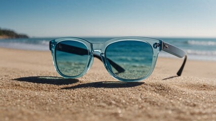 Stylish Blue Sunglasses Resting on a Sandy Beach with a Soft Shadow