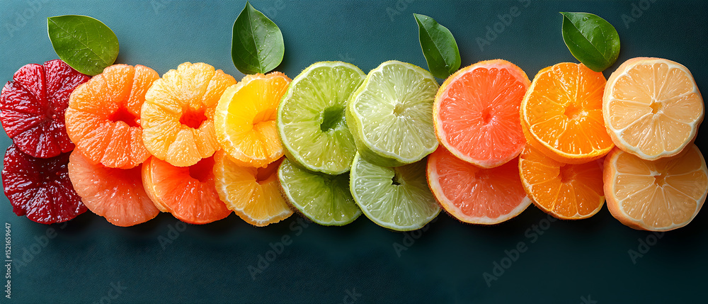 Poster a row of oranges and limes are displayed in a line