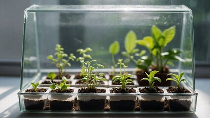 Lush Green Seedlings Growing in Small Pots on a Windowsill Indoors