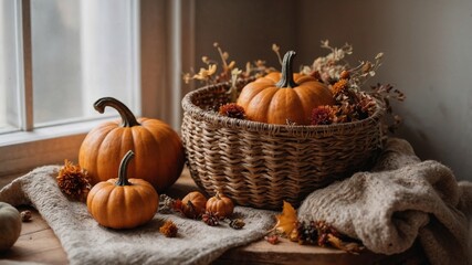 Rustic Basket Filled with Freshly Harvested Orange Pumpkins in a Warm Autumn Display