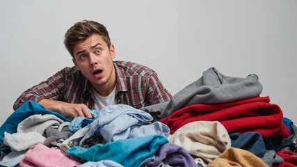 Surprised Young Man Sitting on a Bed with a Messy Room in the Background