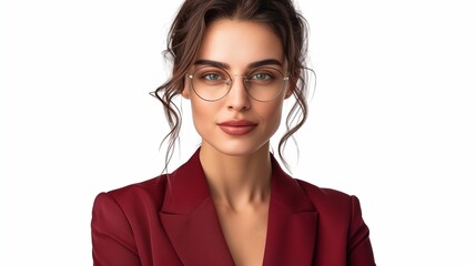 perfectly composed portrait of a businesswoman wearing glasses and a sleek maroon suit 