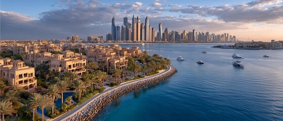Dubai skyline glows behind beach villas