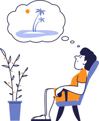 Woman dreaming of vacation while sitting at home, concept of escapism, relaxation, burnout, desire for travel