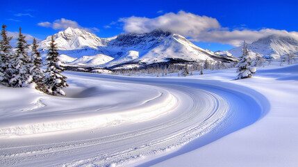 A beautiful journey on a winding snowy road through a pristine, magical mountain kingdom in winter.