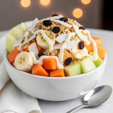 Mexican Bionico Fruit Salad with Banana, Apple, Melon & Sweet Crema