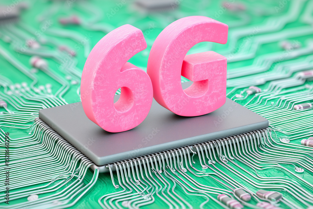 Poster a concept for 6g technology showing a pink logo on a microprocessor and green printed circuit board.