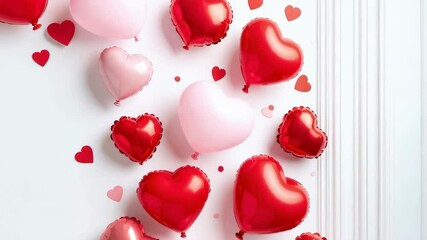 Festive scene with pink and red heart shaped balloons and small paper hearts on a white backdrop, romantic celebration, love themed event. - Powered by Adobe