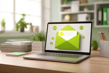 Fototapeta premium Laptop on tidy desk displaying email verification screen in a bright modern office setting