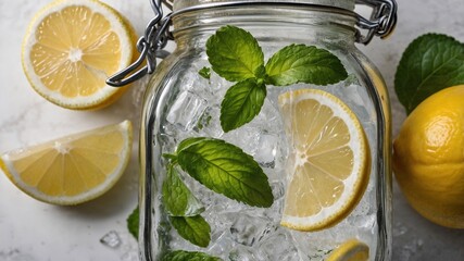 Refreshing Lemon Infused Water with Mint Leaves and Ice on a Rustic Table