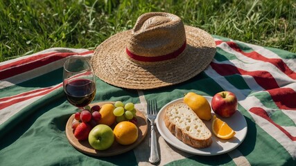 Outdoor Picnic with Fresh Fruits and Bread on a Checkered Blanket in Nature
