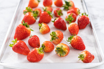 Washed Strawberries Drying on a Paper Towel-Lined Baking Sheet