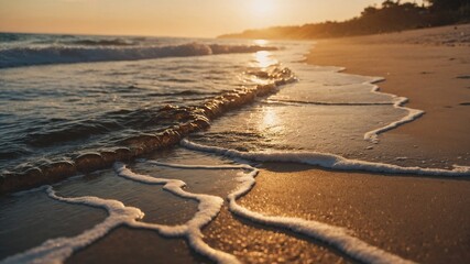 Serene Beach Sunset with Gentle Waves and Golden Light on the Shoreline