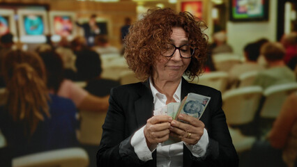 Hispanic woman in an art gallery indoor setting counts singapore dollars amid a diverse crowd viewing paintings.
