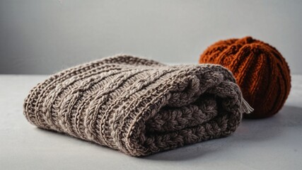 Cozy Knitted Woolen Blanket in Warm Brown Tones on a White Background
