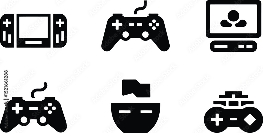 Fototapete a collection of black gaming icons featuring a handheld console and various game controllers and a c
