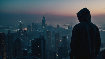 Silhouette of a Person in a Hoodie at Sunset with a City Skyline in the Background