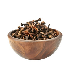 Wooden Bowl of Dried Cloves and Star Anise on transparent background