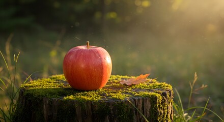 Red Apple on Mossy Tree Stump in Forest Sunlight