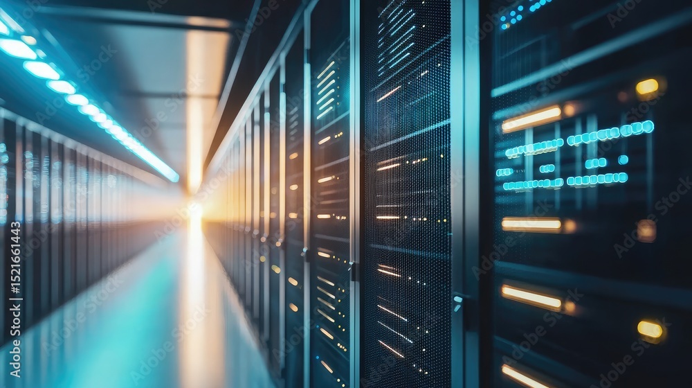 Aufkleber Contemporary data center corridor with glowing server racks and bright ambient lighting, symbolizing cloud services, digital storage, and modern network infrastructure