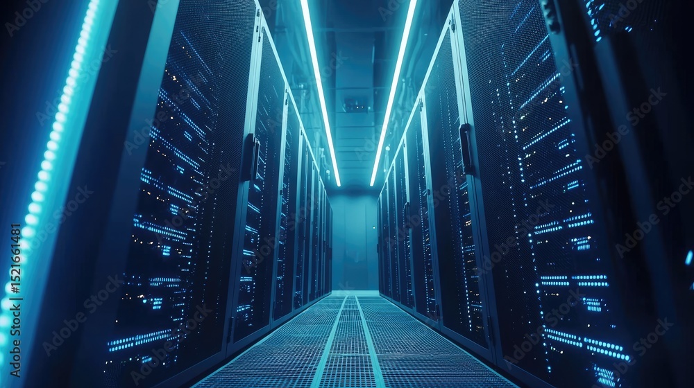 Aufkleber symmetrical view of a futuristic data center with glowing blue server racks and overhead lights, emp