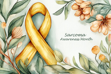 Sarcoma Awareness Month. Yellow ribbon symbolizing Sarcoma Awareness Month surrounded by delicate flowers and leaves, representing hope and support for cancer awareness