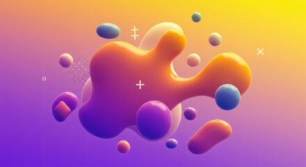 Colorful 3d liquid blobs floating on smooth gradient background, playful design.