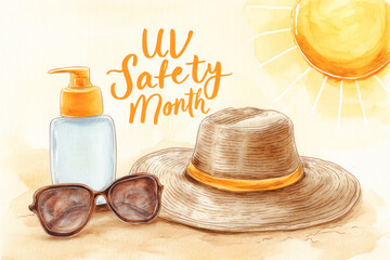 UV Safety Month. UV Safety Month illustration featuring sunscreen bottle, stylish sunglasses, and a wide-brimmed hat against a sunny background for summer awareness