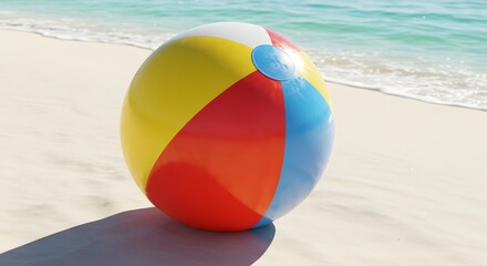 Colorful Beach Ball on Sandy Shoreline with Ocean Waves