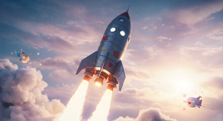 Rocket Launching Into Cloudy Sky with Cartoon Characters