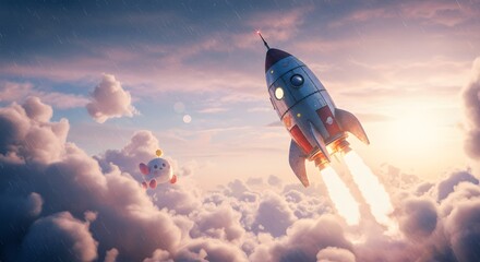 Rocket Launching Through Clouds with Flying Character
