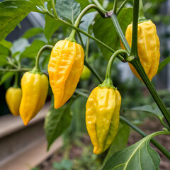  Green and Yellow Habanero Peppers on a Plant