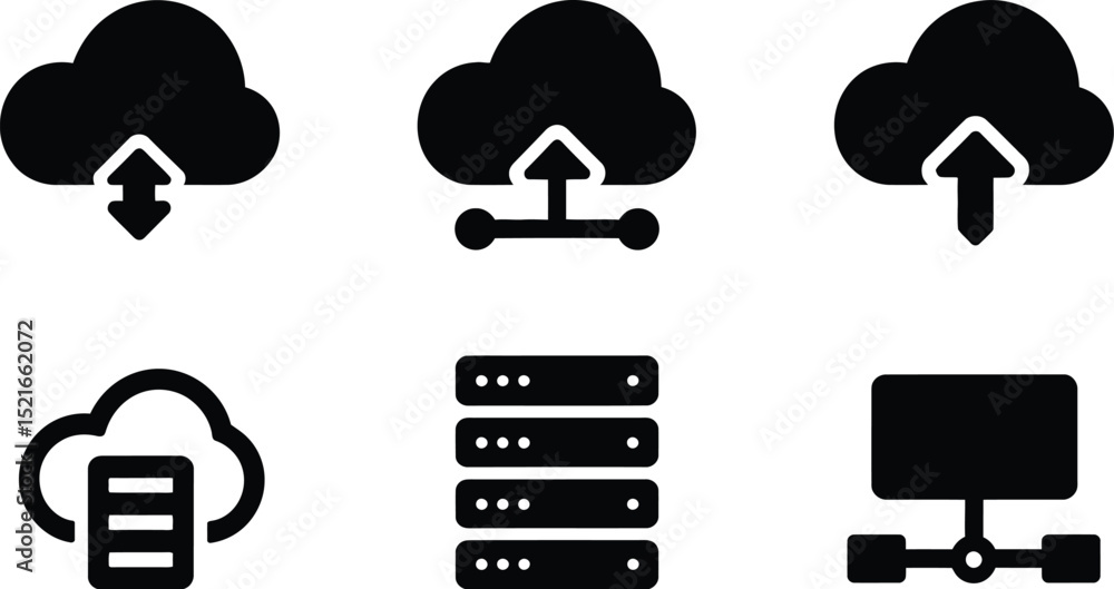 Poster a collection of cloud computing and server icons in black silhouette on a white background layout de