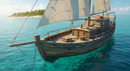 Sailing on Wooden Boat Near Tropical Island in Clear Water