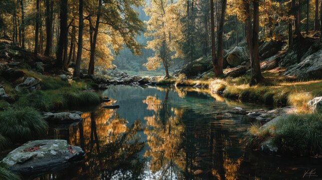 Autumn morning in a tranquil forest with reflections of golden trees on a calm river