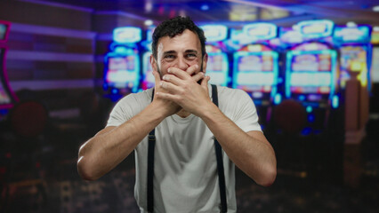 Hispanic man with beard expressing surprise in a casino filled with colorful slot machines,...