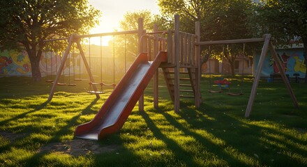 Playground Slide and Swingset on Grassy Lawn in Park