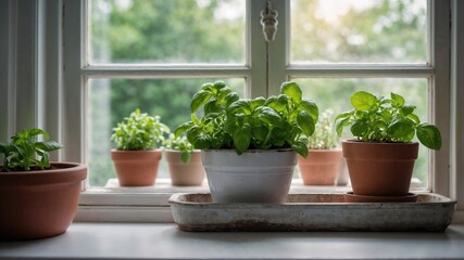 Lush Green Basil Plants Thriving in Ceramic Pots on a Sunny Windowsill with Natural Light Streaming In