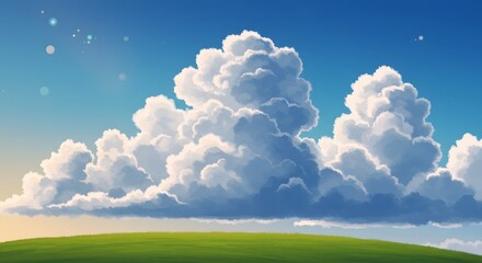 Scenic Landscape with Green Field and Dramatic Cumulus Clouds in Blue Sky